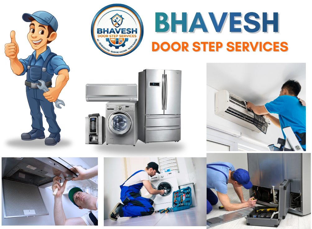 Bhavesh Door Step Services technicians repairing an AC, washing machine, refrigerator and kitchen chimney at customers' homes in Kurnool