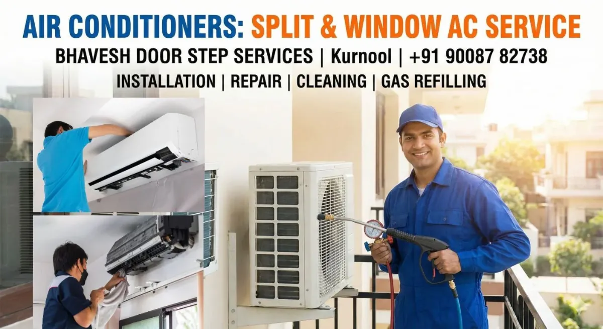 Bhavesh Door Step Services technician repairing a split AC at a customer's home in Kurnool