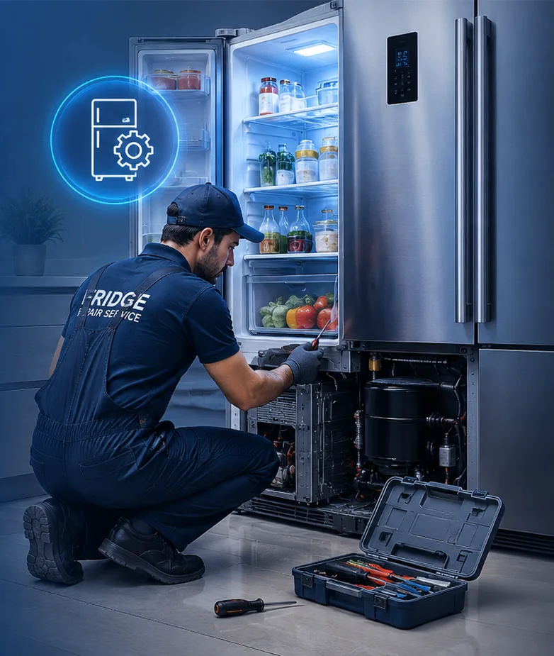 Bhavesh Door Step Services technician repairing a double door refrigerator at a customer's home in Kurnool